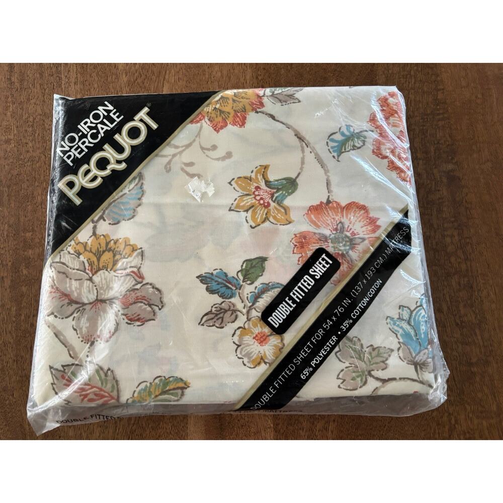 Vintage No Iron Percale Double Bed Fitted Sheet Granny Core Floral Teal Mcm